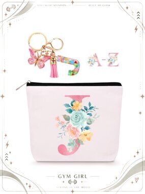 Canvas Cosmetic Bag & Resin Initial Keychain Set Waterproof Zipper Pouch